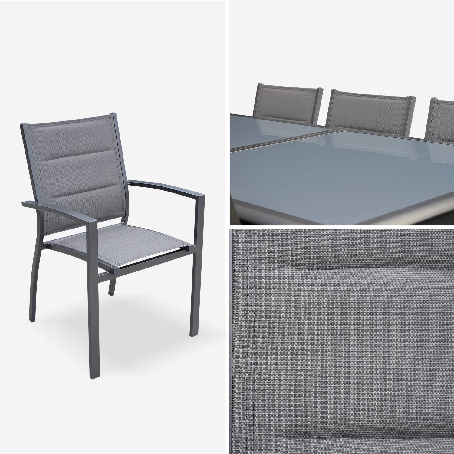 8-seater garden dining set, extendable 200-300cm aluminium table and 8 armchairs - Philadelphia - Anthracite textilene,sweeek,Photo6