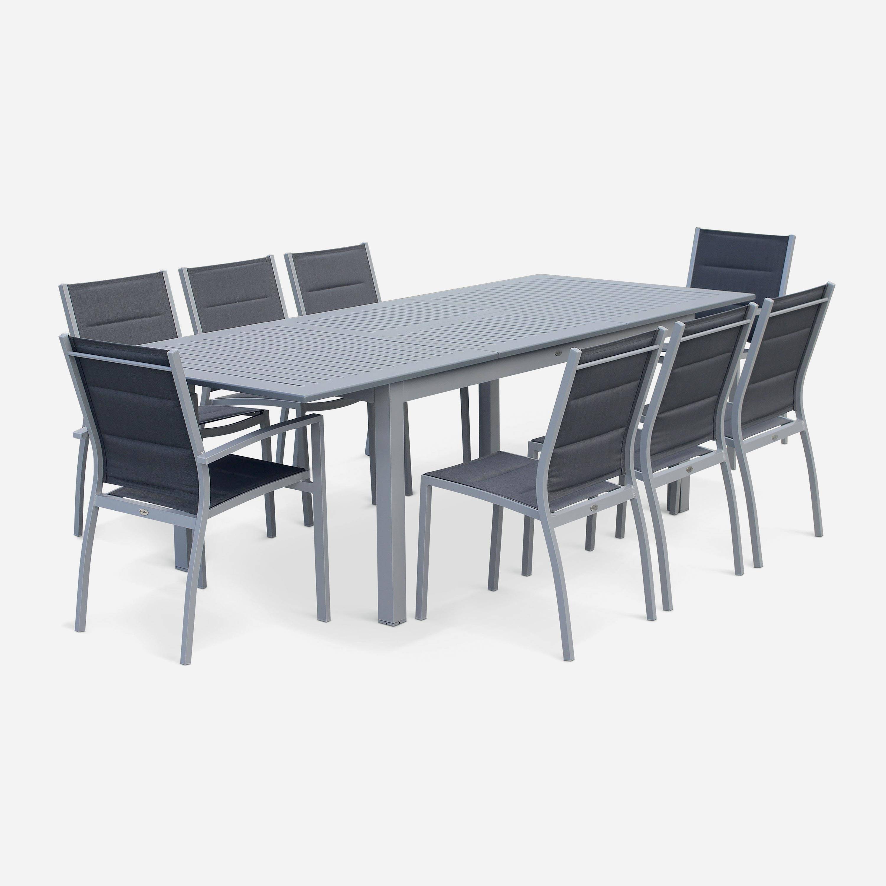 Salon de jardin table extensible - Chicago Gris - Table en aluminium 175/245cm avec rallonge et 8 assises en textilène,sweeek,Photo2