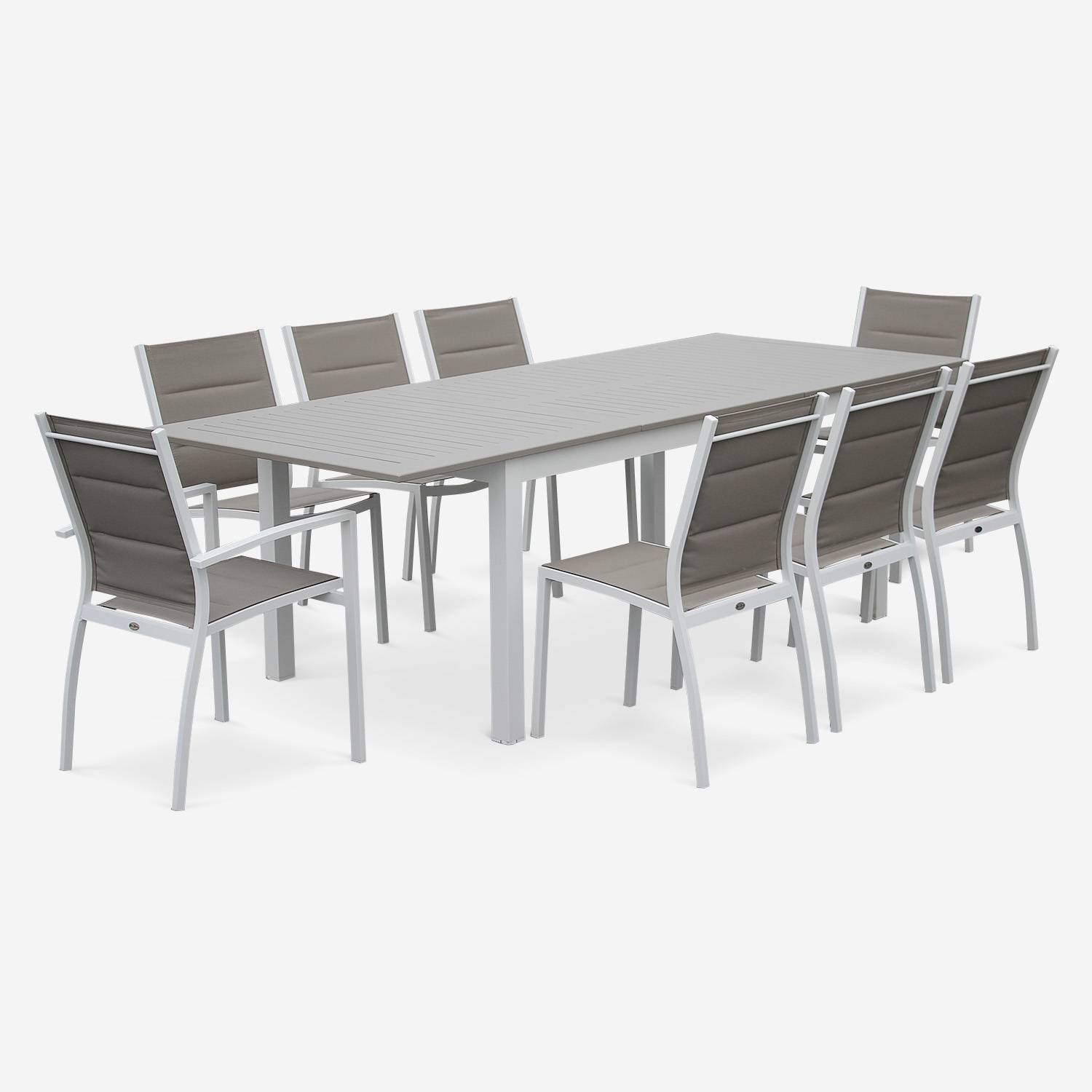 8-seater garden dining set, extendable 175-245cm aluminium table, 6 chairs and 2 armchairs - Chicago 8 - White frame, Beige-Brown textilene,sweeek,Photo2