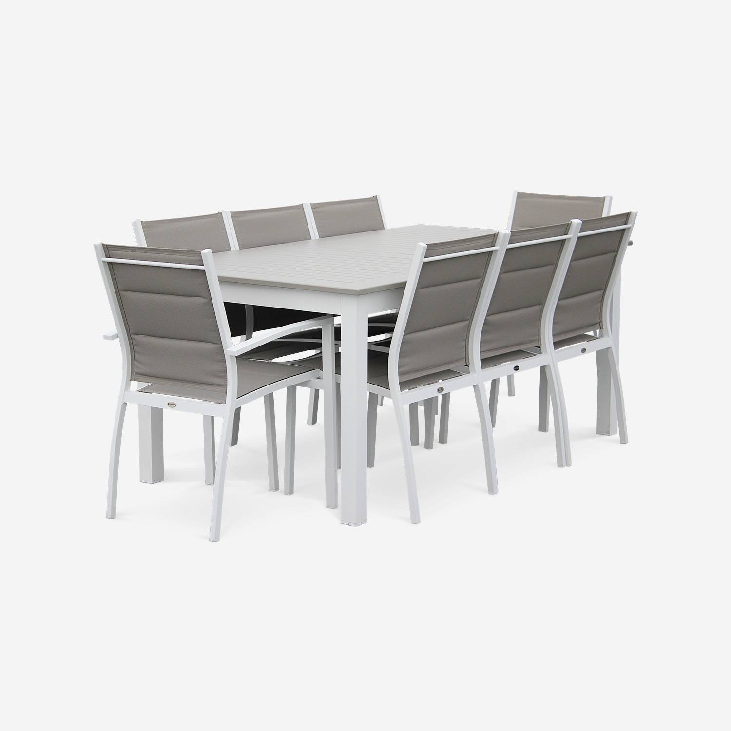 8-seater garden dining set, extendable 175-245cm aluminium table, 6 chairs and 2 armchairs - Chicago 8 - White frame, Beige-Brown textilene,sweeek,Photo3