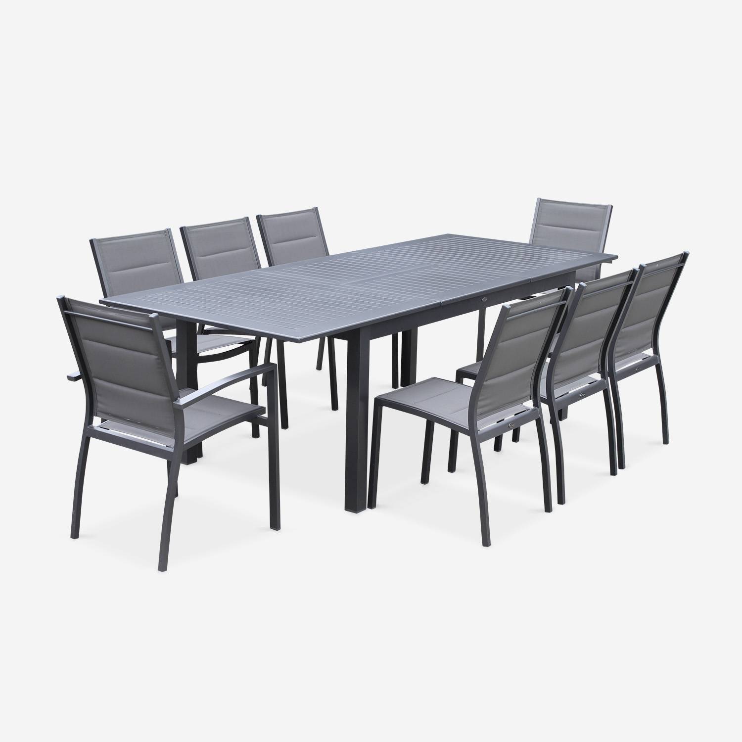 8 seater extendable table, chairs and armchairs set in alumimium and textilene, Dark Grey / Taupe | sweeek
