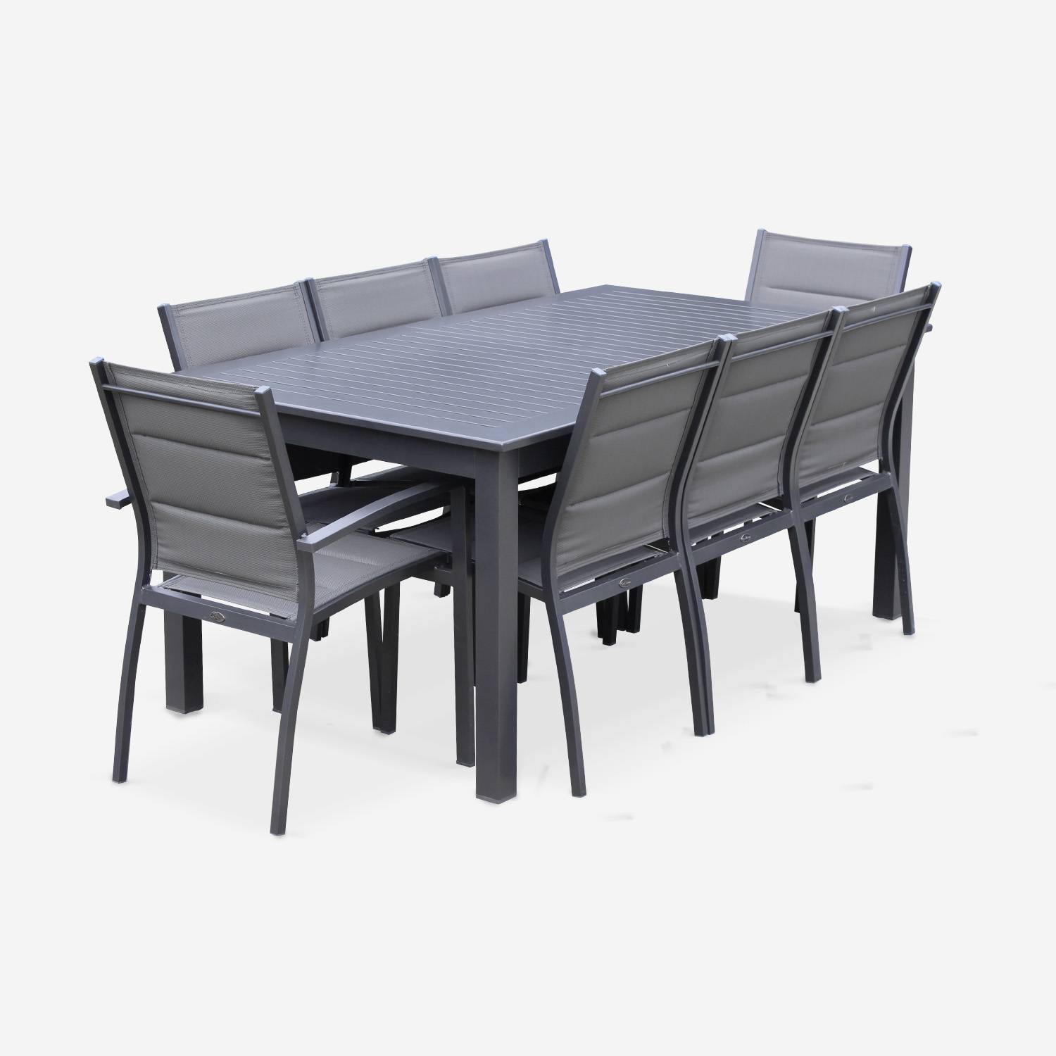 8-seater garden dining set, extendable 175-245cm aluminium table, 6 chairs and 2 armchairs - Chicago 8 - Dark Grey frame, Taupe textilene  Photo3