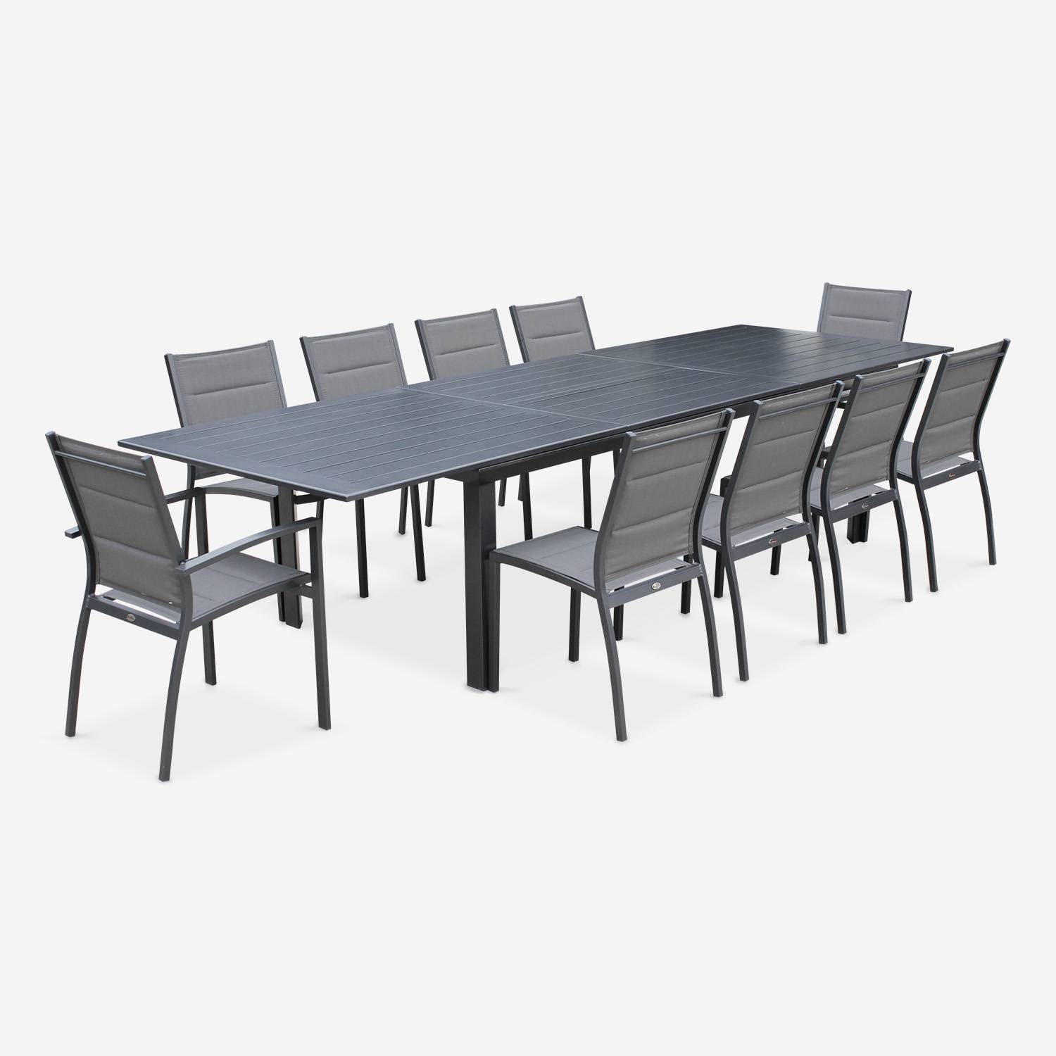 10-seater garden dining set, extendable 235-335cm aluminium table, 8 chairs and 2 armchairs - Odenton - Anthracite frame, Charcoal Grey textilene,sweeek,Photo2