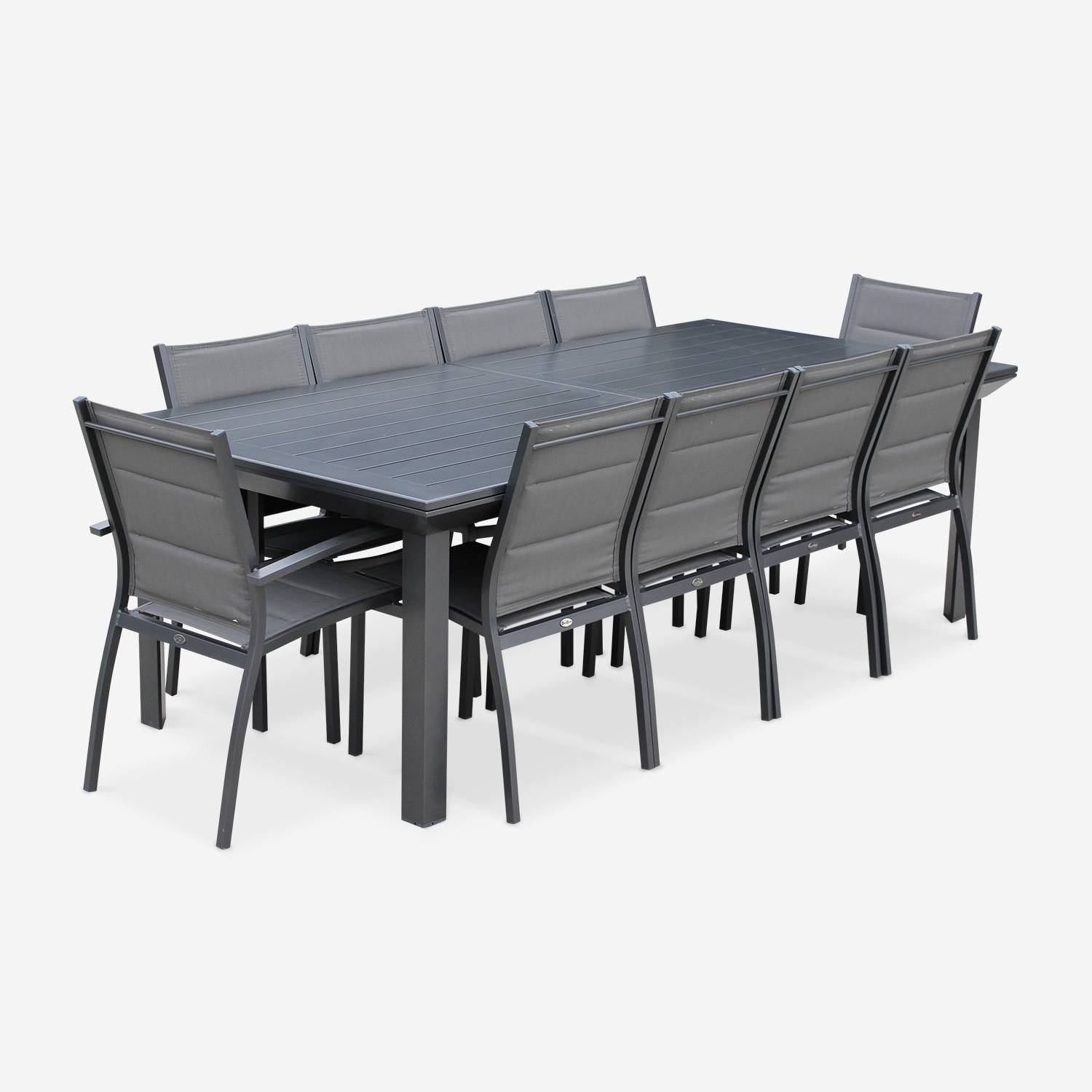 10-seater garden dining set, extendable 235-335cm aluminium table, 8 chairs and 2 armchairs - Odenton - Anthracite frame, Charcoal Grey textilene,sweeek,Photo3